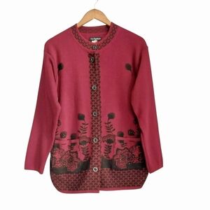 T-C Fashion Size XXXL Burgundy Embellished Floral Button up Sweater Cardigan